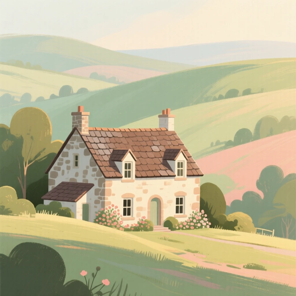A stone farmhouse with a slate roof nestled among rolling hills