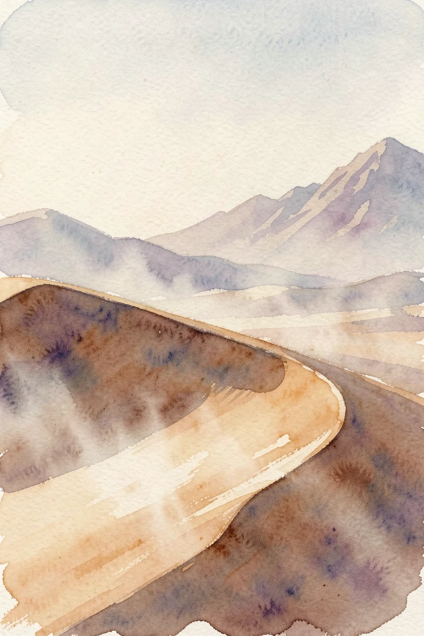 A sweeping desert dune with morning mist rising with distant peaks fading into haze.