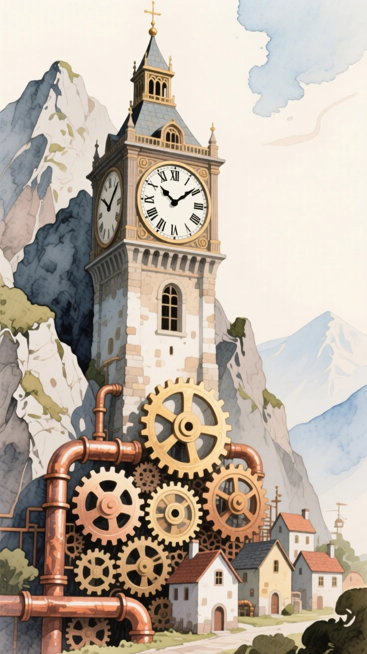 A giant clock tower embedded in a mountainside ticks above a village built entirely from gears and copper pipes