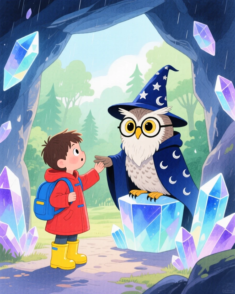 A small boy in rain boots discovering a glowing crystal cave for the first time, greeted by a wise old owl wizard.