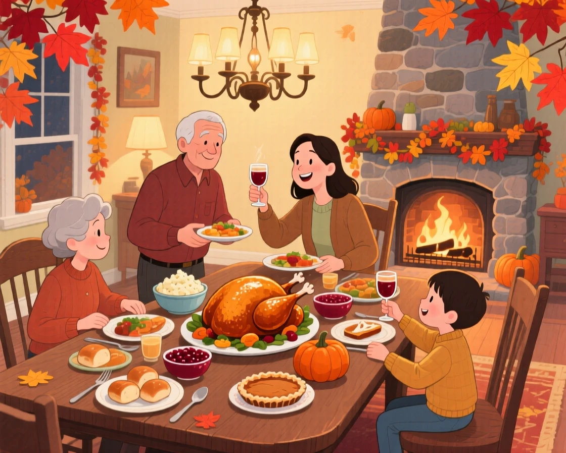 A table set for Thanksgiving dinner with family gathered around, in a warmly lit dining room decorated with autumn leaves, with the soft crackle of a nearby fire, evoking gratitude and warmth of the harvest season.