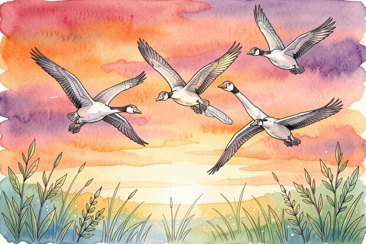 A flock of geese flying in formation across a colorful sunset sky, morning dew still clinging to the grass and leaves nearby.
