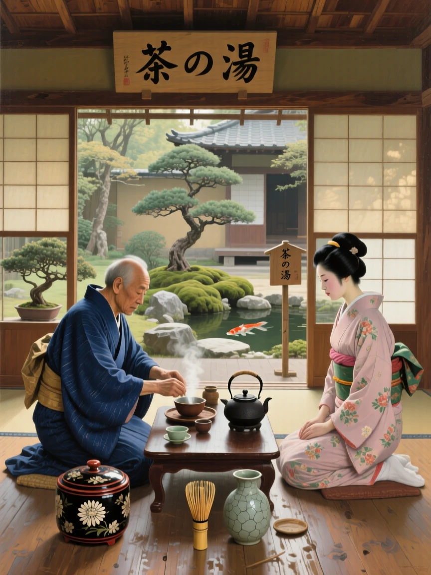 A traditional Japanese tea ceremony performed in a quiet garden pavilion, with rich period-accurate clothing, tools, and architecture throughout, celebrating the rich diversity of world cultures and traditions
