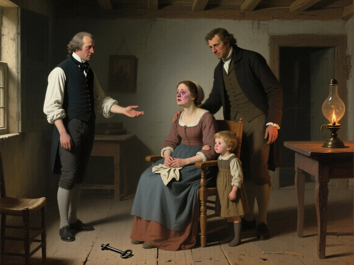 A doctor delivering hopeful news to an anxious family at the moment hope and fear collide, set within a modest cottage lit by a single lamp, with trembling hands, tear-streaked faces, and a single dropped object forgotten on the ground; diagonal light spills across the reunited figures, isolating them from the crowd, filled with gratitude, humility, and human warmth.