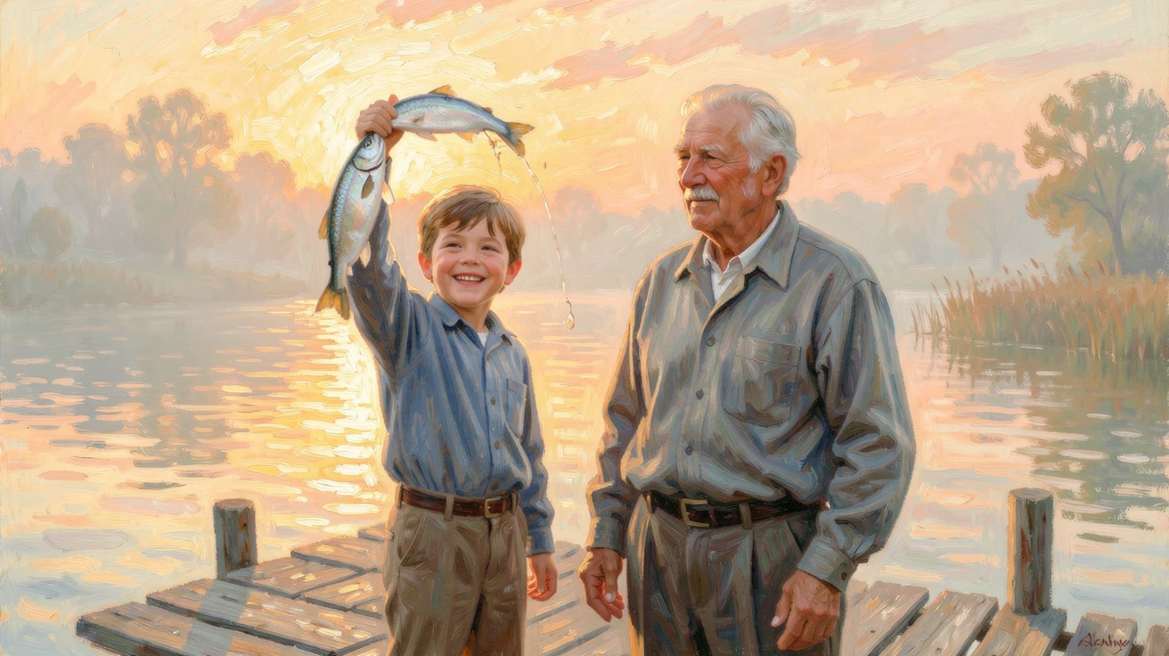A young boy proudly holding up a fish he caught, grinning beside his grandfather on a quiet dock, at golden sunrise.
