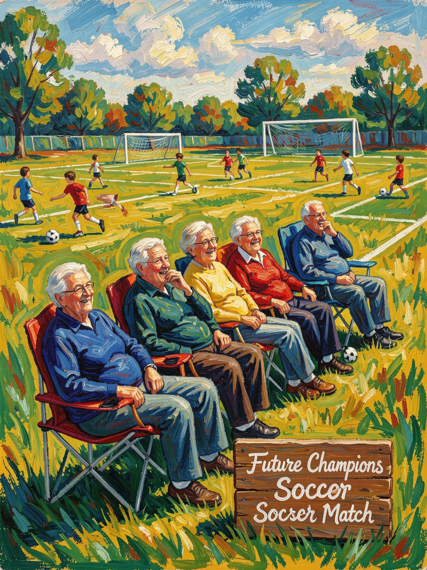 A group of grandparents watching their grandchildren's soccer match from folding chairs.