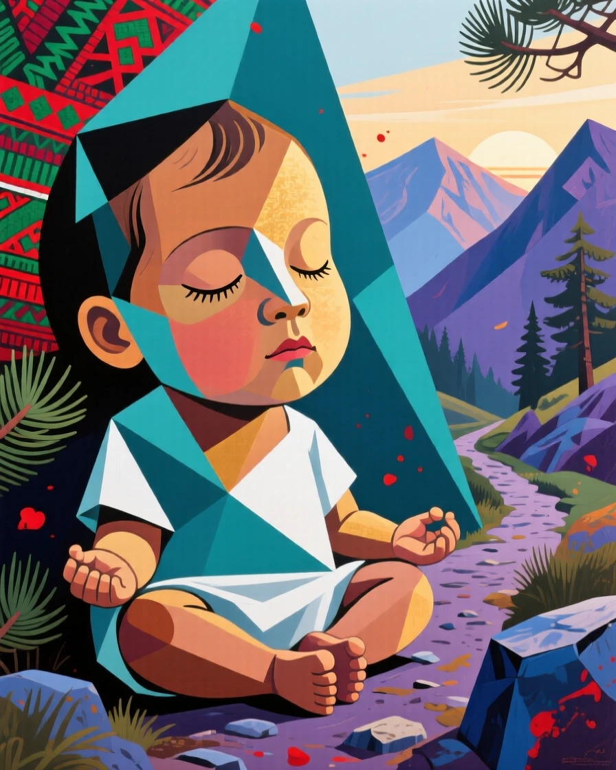 A close-up portrait of a newborn baby of Mexican heritage closing her eyes in peaceful meditation, on a quiet mountain trail at dawn.
