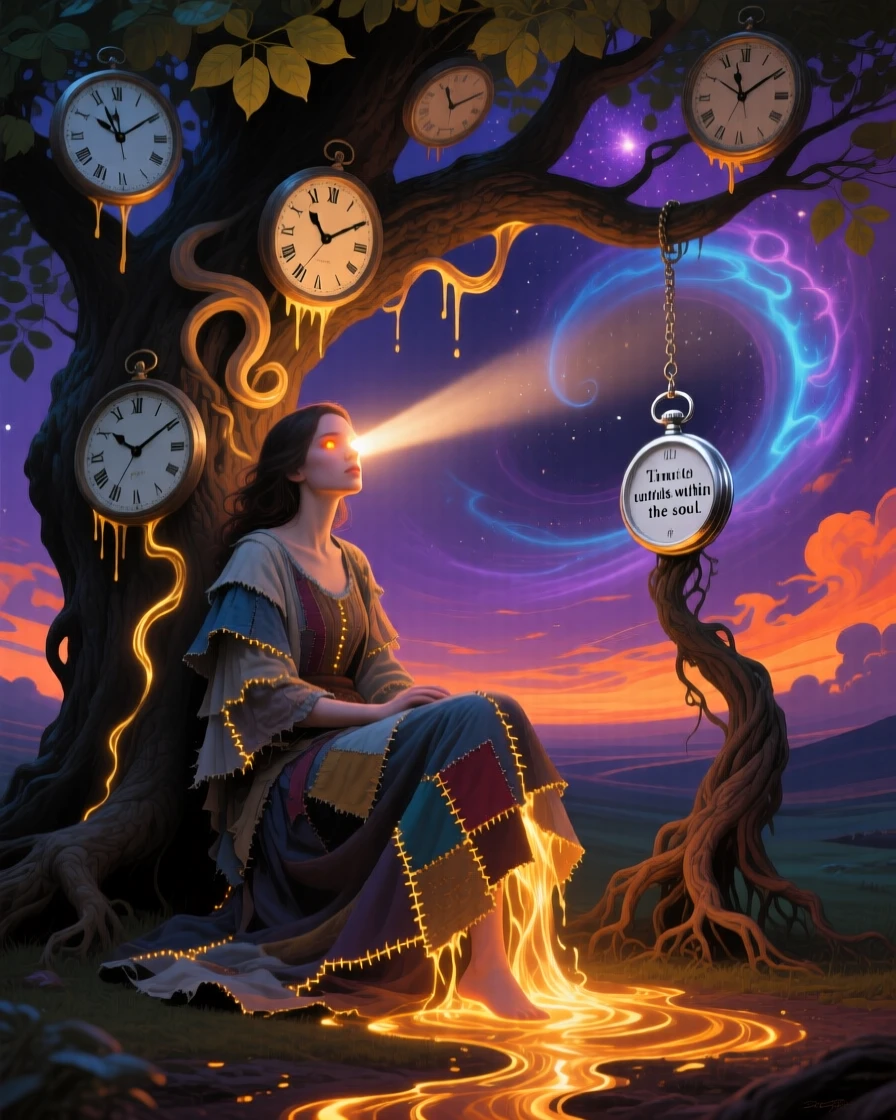 A woman with a lighthouse beam shining from her eyes sits beneath a tree whose leaves are made of clock faces, as light spills from the seams of their clothing.