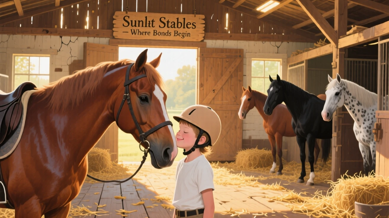 A gentle horse nuzzles a young rider in a sunlit stable, golden hay scattered across the wooden floor beneath warm afternoon light, other members of its group visible nearby, reinforcing the social nature of the scene.