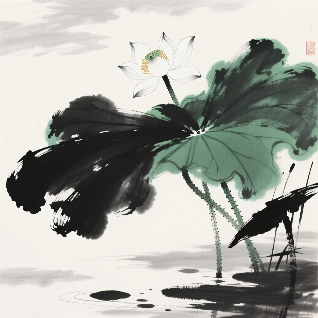 A single white lotus rises above a cluster of broad green leaves, as the pond reflects a sky full of soft clouds.