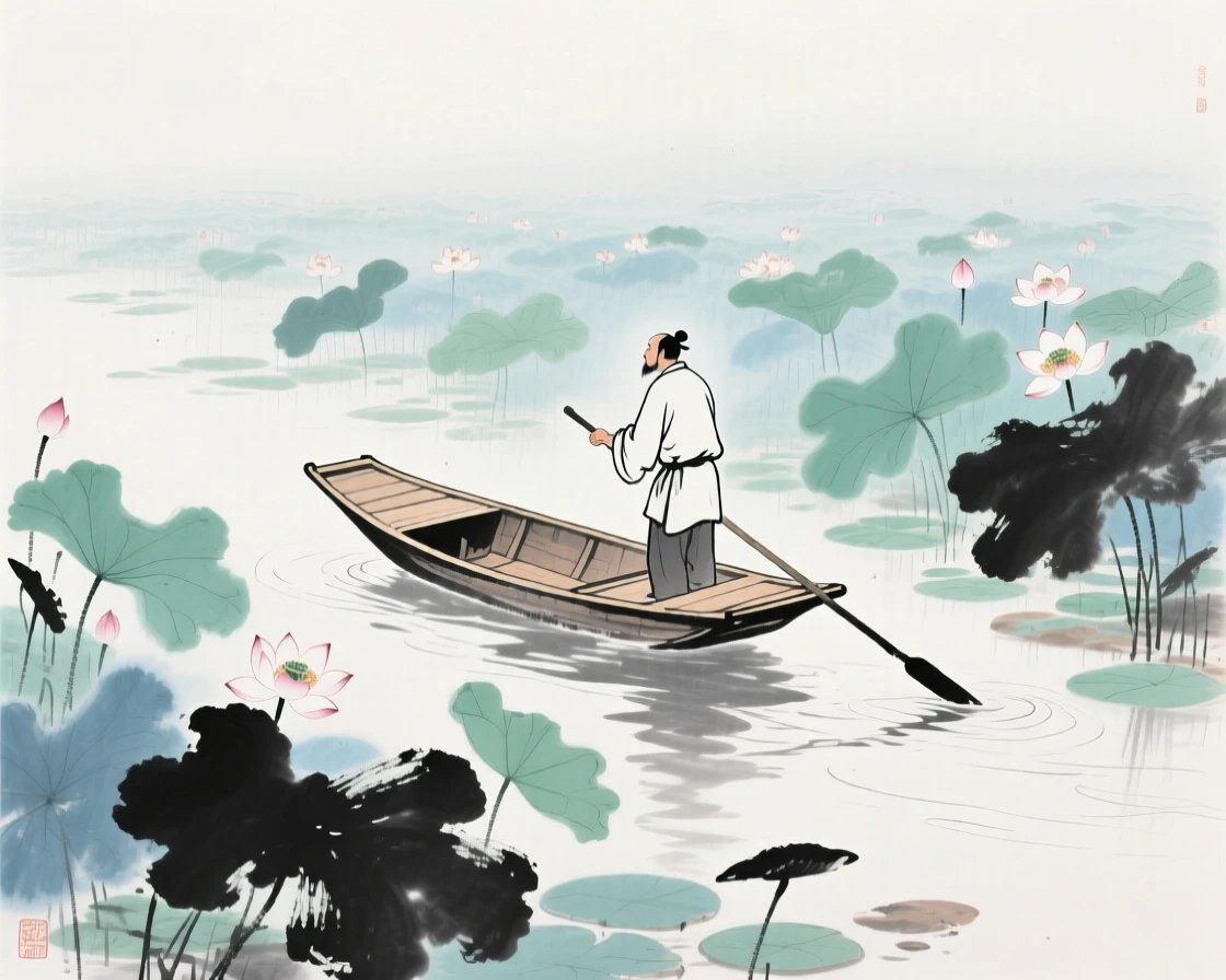 A boatman poling his craft gently through a field of lotus, in the mild days of early winter.