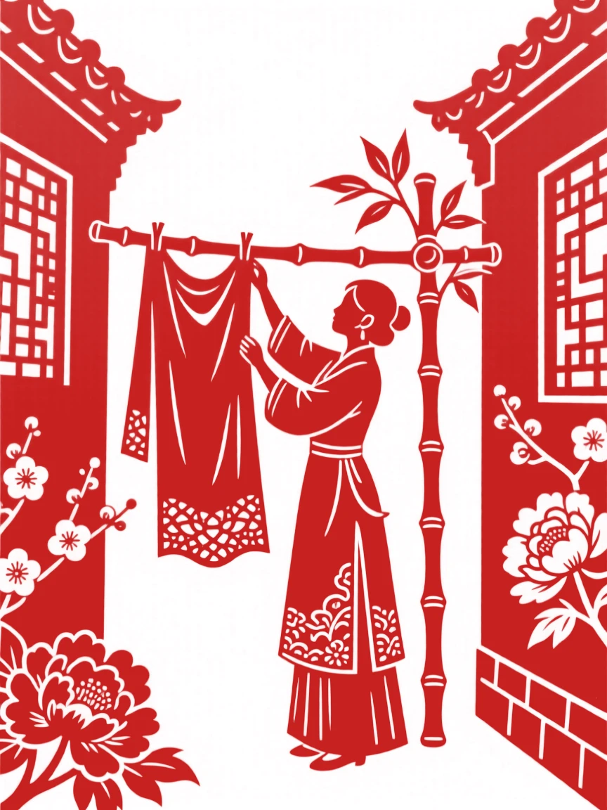 A woman hanging freshly washed laundry on a bamboo pole strung between two courtyard walls