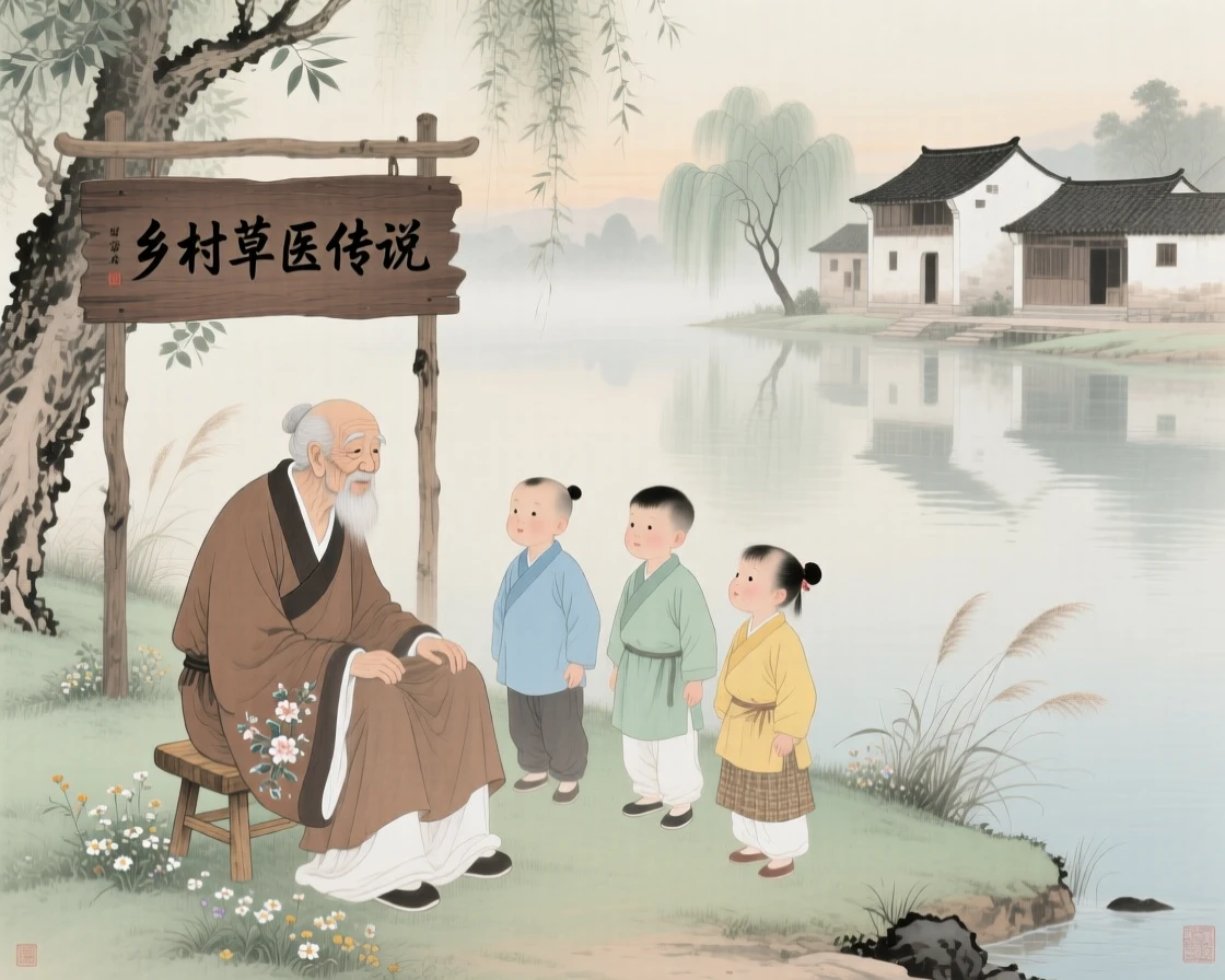 A village healer sharing a story with curious children at the edge of a quiet lake