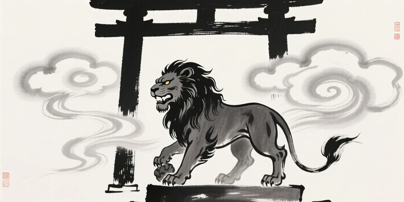 A guardian lion statue watching over a temple gate within a swirl of luminous cloud, captured mid-motion with flowing, graceful lines, capturing a dreamlike, otherworldly stillness.