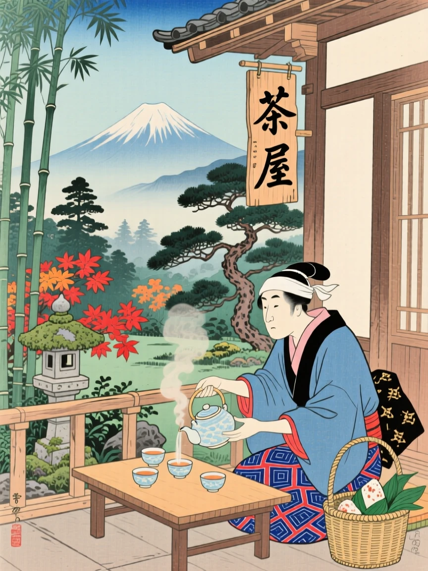 A street food vendor sharing tea on a porch overlooking a garden.