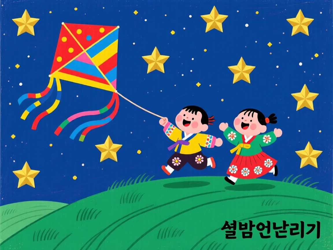 Children flying a kite on a hilltop under a starlit sky.