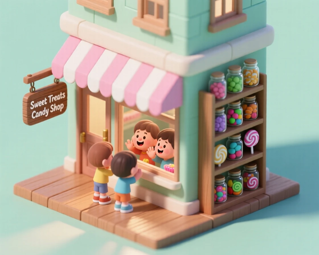 A charming candy shop with jars of colorful sweets lining the walls, a striped awning outside, and children pressing their noses to the glass.