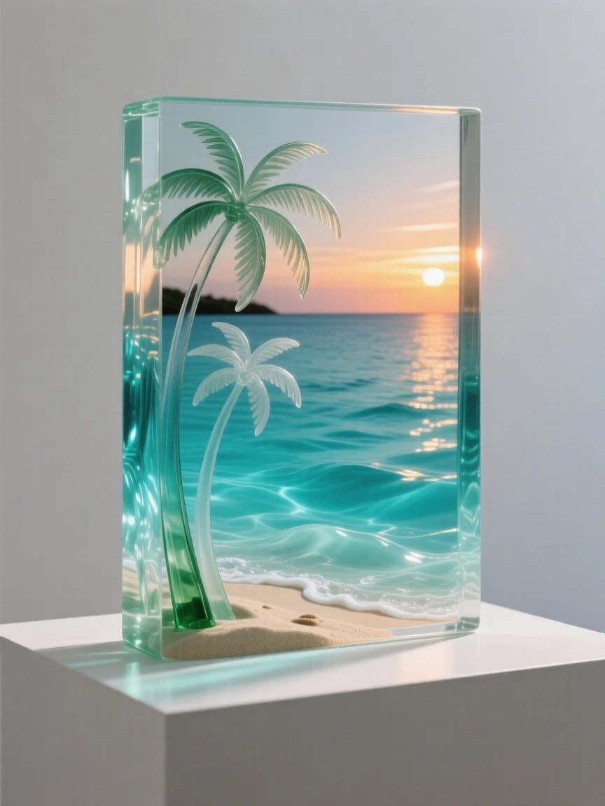 A tropical lagoon with crystal-clear turquoise water bathed in the warm glow of sunset, rich saturated colors, evoking a deep sense of wonder.