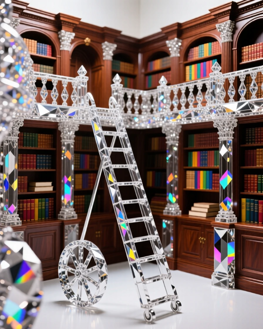 A luxurious private library with a rolling ladder and floor-to-ceiling mahogany shelves.