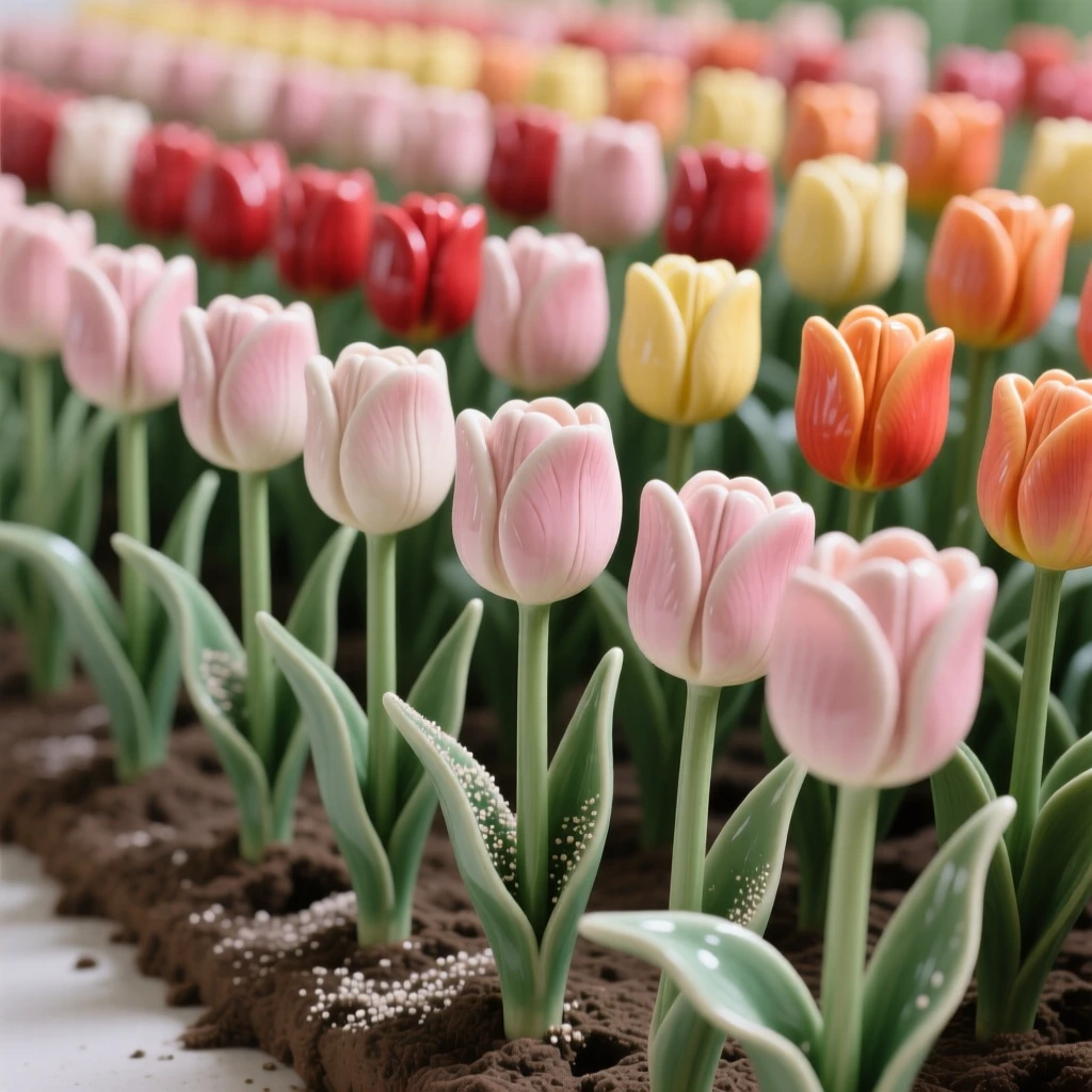 A field of tulips lined in neat rows reaching upward in quiet aspiration, dusted with fine pollen, capturing a fleeting, delicate moment in bloom.