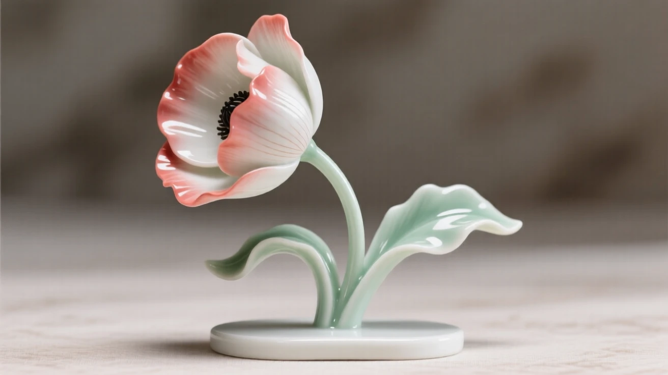 A single poppy caught mid-bloom against a soft blurred background, every petal rendered in exquisite detail.