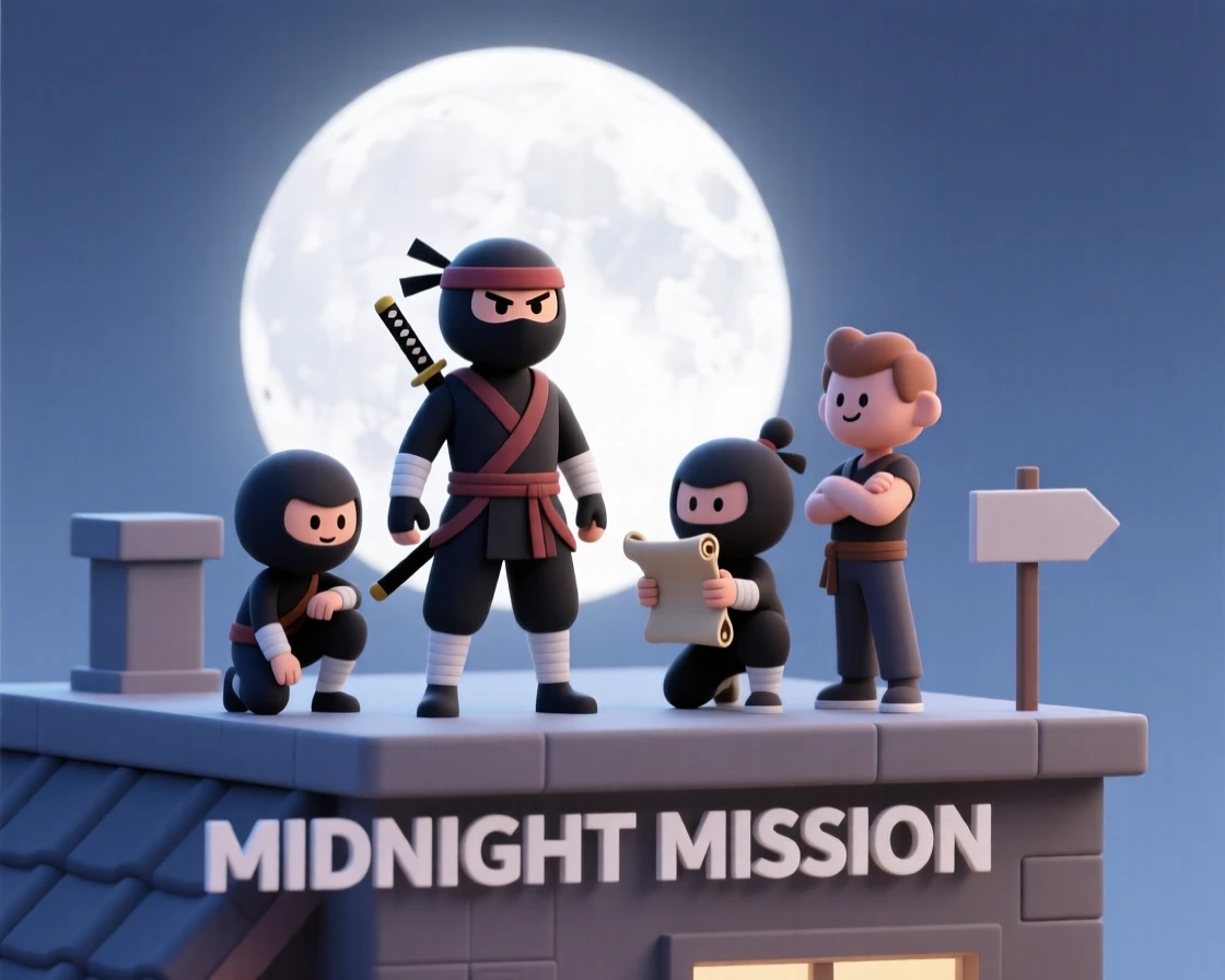 A determined ninja leader gathers a small team atop a moonlit rooftop, planning a daring midnight mission.