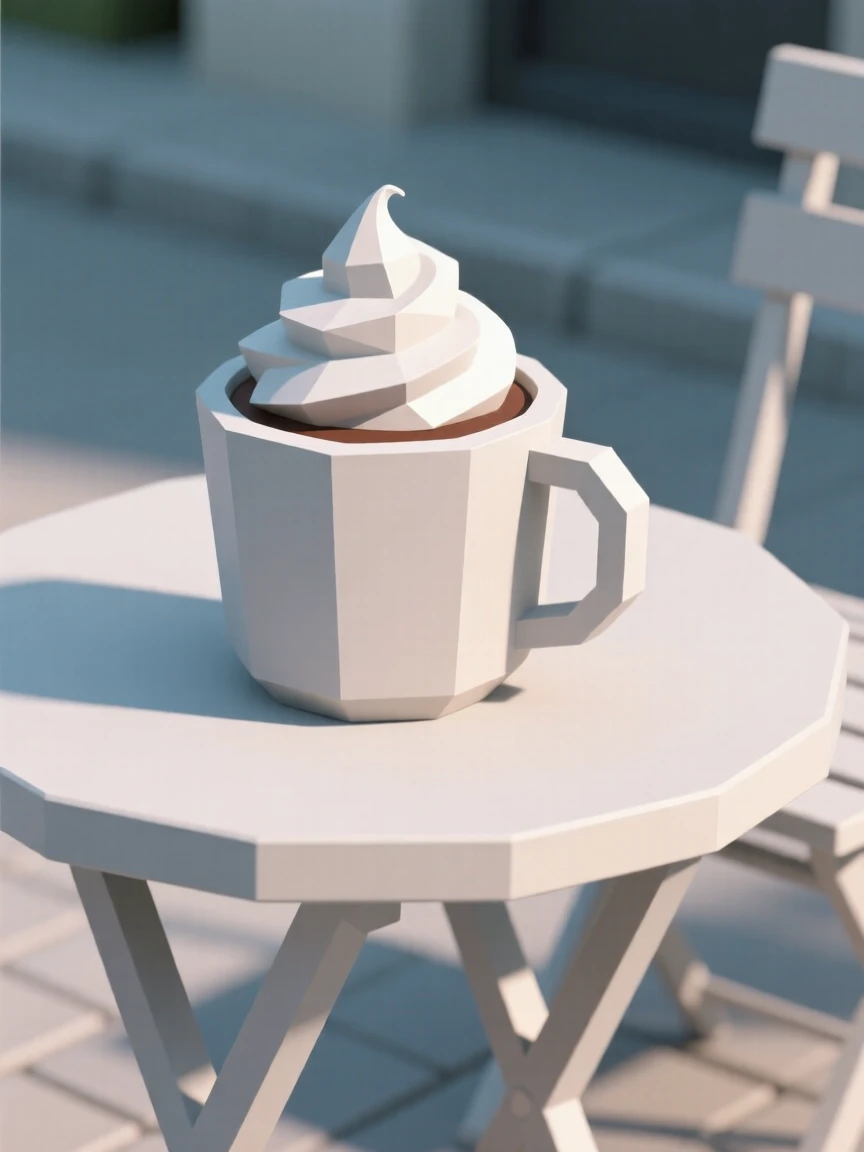 A cup of hot cocoa topped with whipped cream, at an outdoor café table. a shallow depth of field keeps focus on the food. The mood is fresh and appetizing.