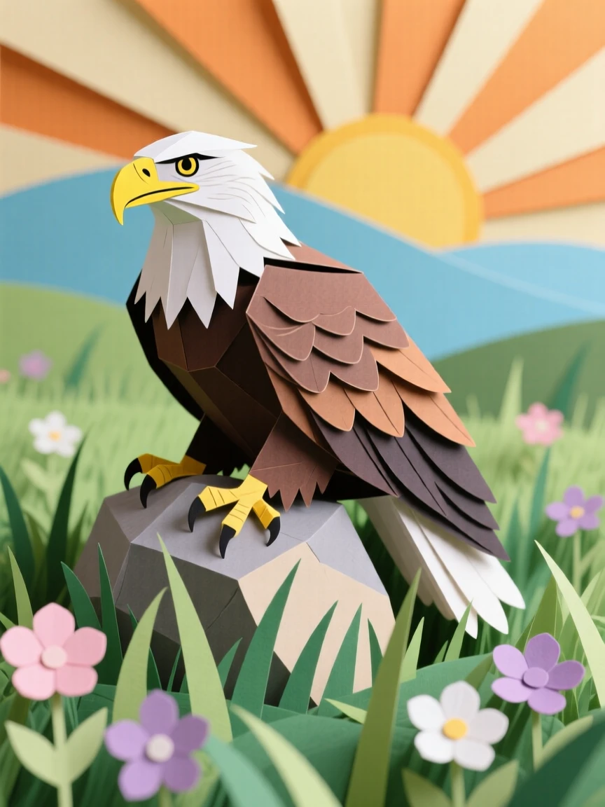 A majestic bald eagle resting in a sunlit meadow, with a gentle breeze rustling the grass, capturing playful joy and warmth.
