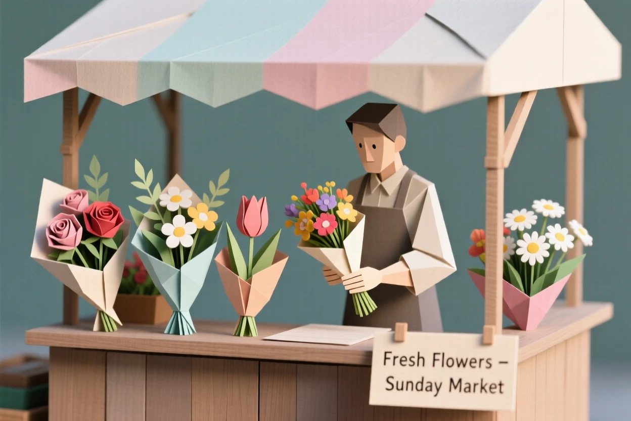 A quiet Sunday market stall selling fresh flowers, a vendor arranging bouquets.