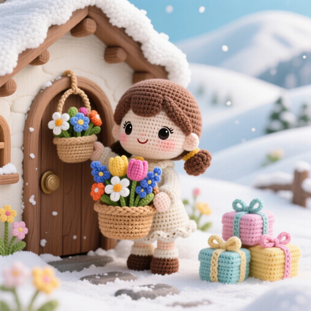 A festive scene of a little girl with a basket of spring flowers for a May Day celebration, hanging a small flower basket on a door within a rolling hillside blanketed in fresh snow; a small pile of wrapped presents nearby, radiating the joyful anticipation of a favorite season.