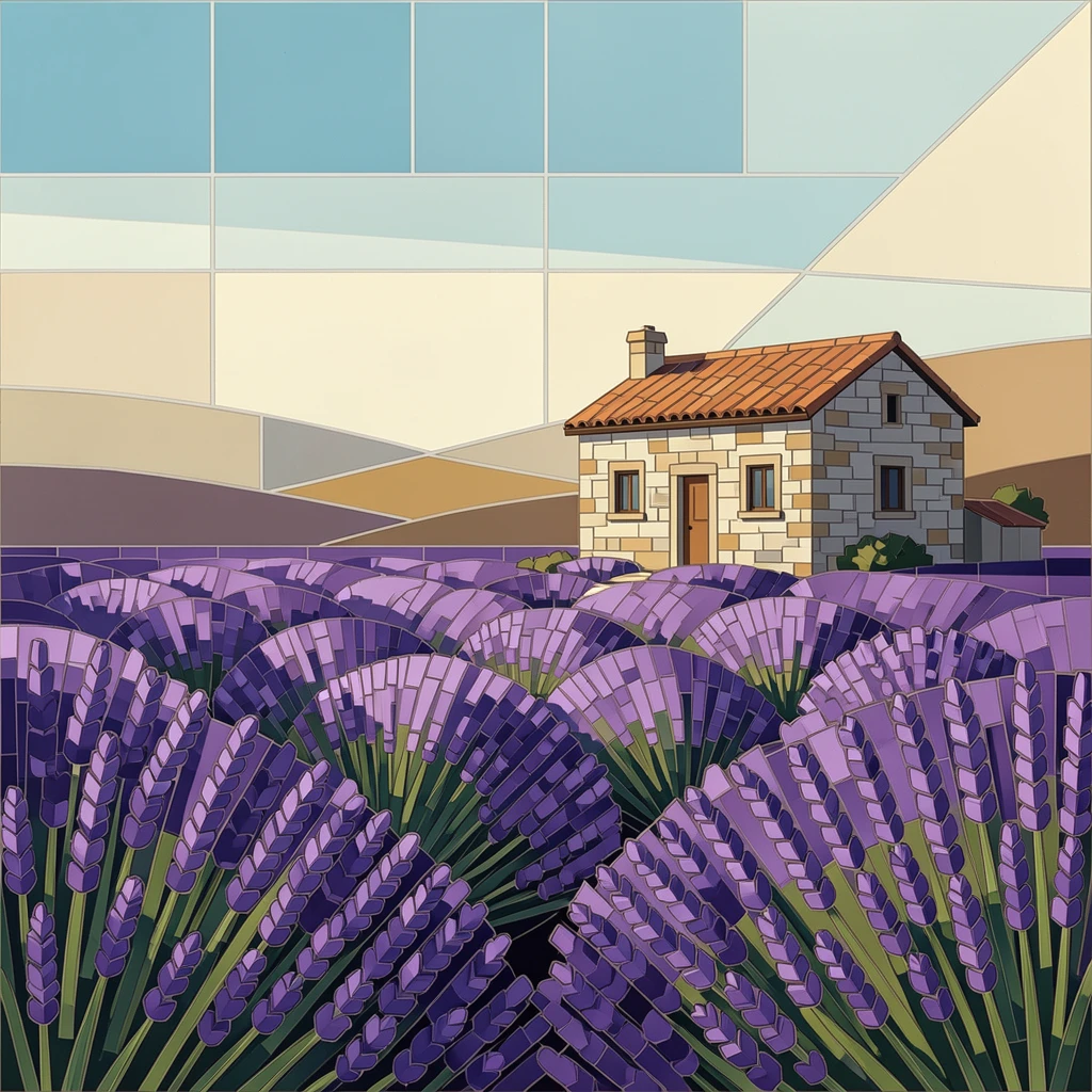A lavender field in full bloom stretching toward a distant stone farmhouse.