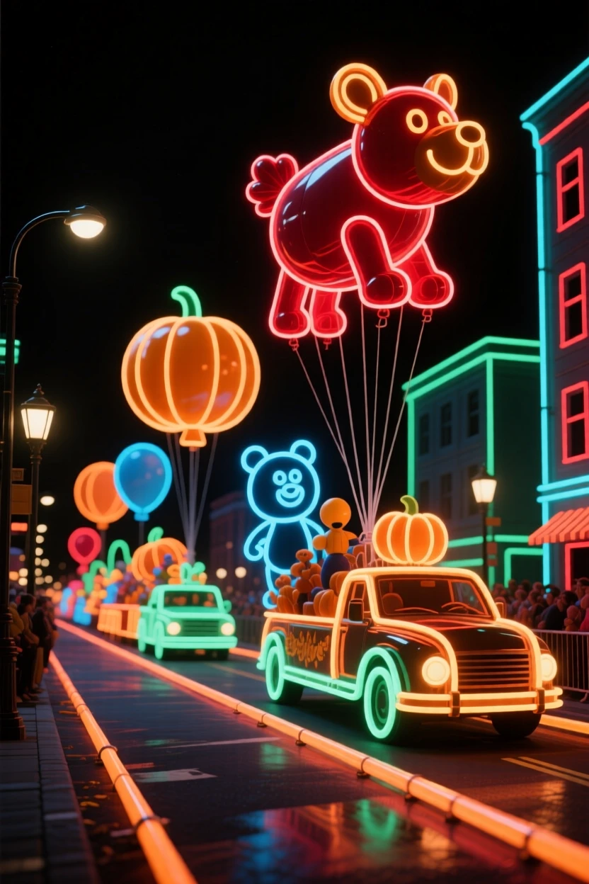 A Thanksgiving parade with giant balloon floats moving down a city street.
