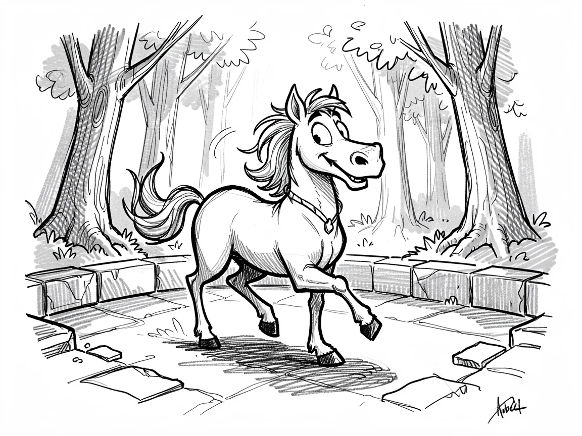 A centaur walking through a sunlit forest in an ancient stone courtyard.