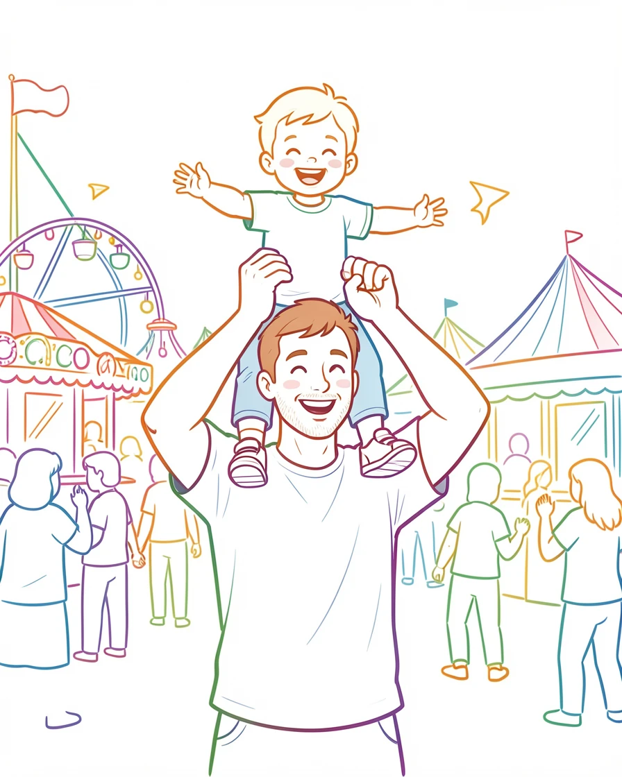A father lifting his laughing toddler onto his shoulders at a fair.