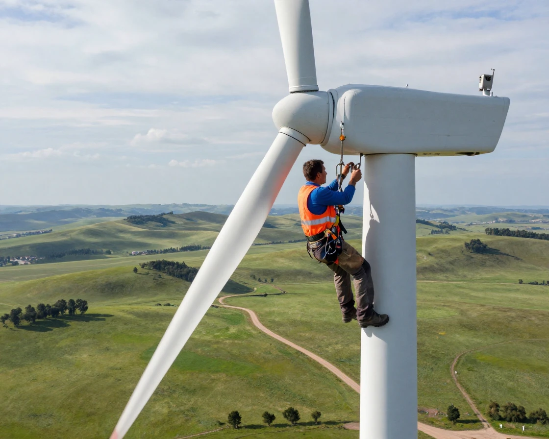 A wind turbine technician clips into a harness high above a rolling green landscape.
