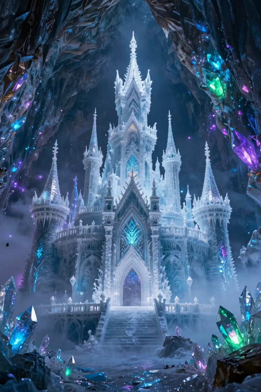 A castle carved from ice and frost standing inside a cavern glittering with magic crystals