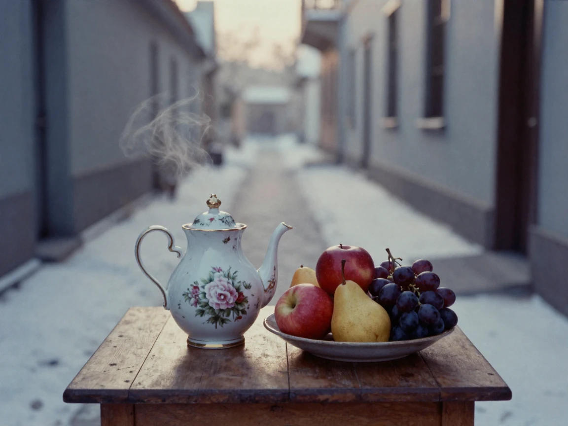 A bowl of ripe fruit beside an antique porcelain teapot, in the pale light just before sunrise, as heat shimmers over the ground, under the first snow of winter, in cool blues and silvery greys, framed symmetrically down a long corridor.
