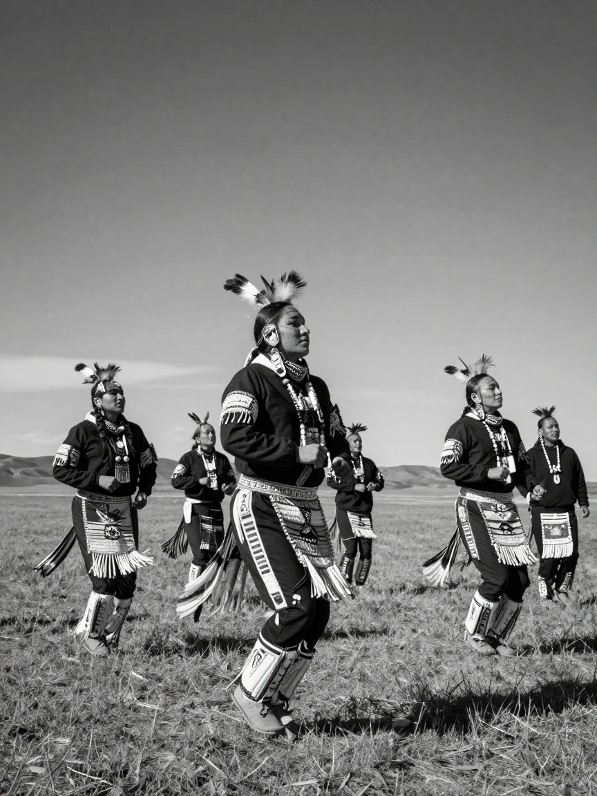 A group of Native American dancers perform in full ceremonial regalia beneath an open prairie sky.