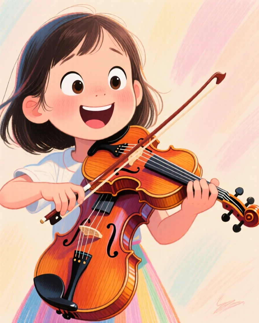 A young girl receiving her first violin, holding the bow uncertainly but excitedly.