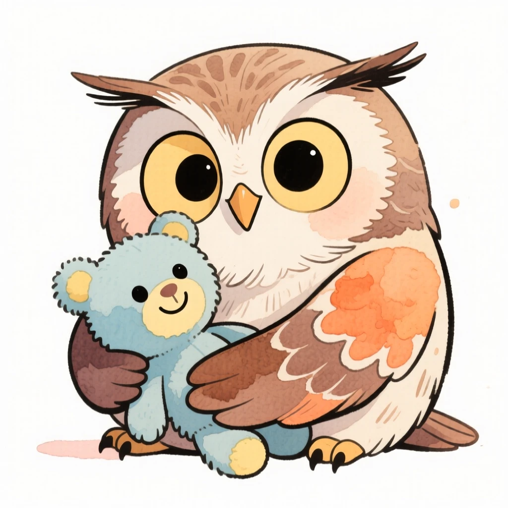 A wise old owl snuggled up with a stuffed toy