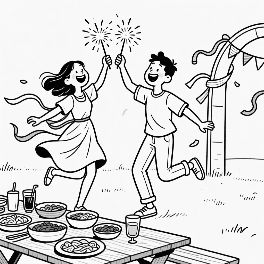 Two friends sharing sparklers at a festival, spinning together in a whirl of fabric and laughter, set at an outdoor table crowded with celebratory dishes. Paper streamers flutter from a nearby archway. There's a deep sense of belonging and festivity in the air.