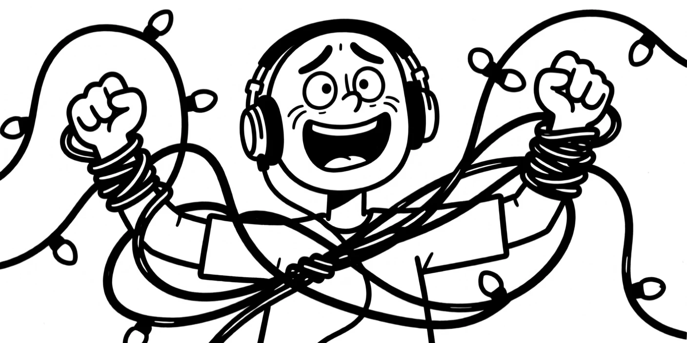 Someone triumphantly untangling a giant knot of string lights or headphone cables.