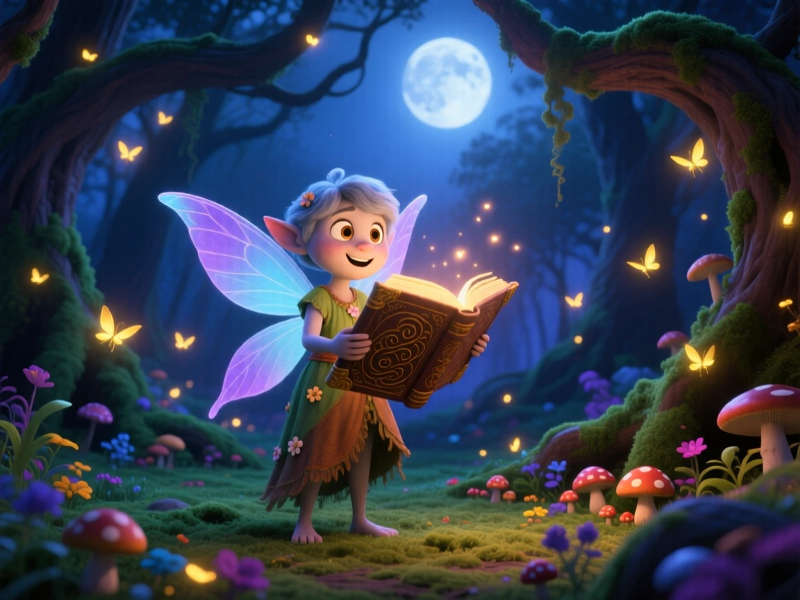 A moonlit sprite stands in an enchanted forest glowing with fireflies, reading from an ancient glowing book. A magical, wondrous stillness fills the scene, with tiny sparkles drifting through the air.