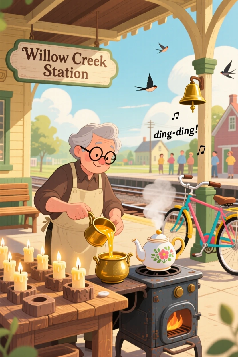 A candle maker pouring warm wax pauses while brewing a pot of tea for the afternoon in a small-town train station, as bicycle bells chime somewhere nearby.
