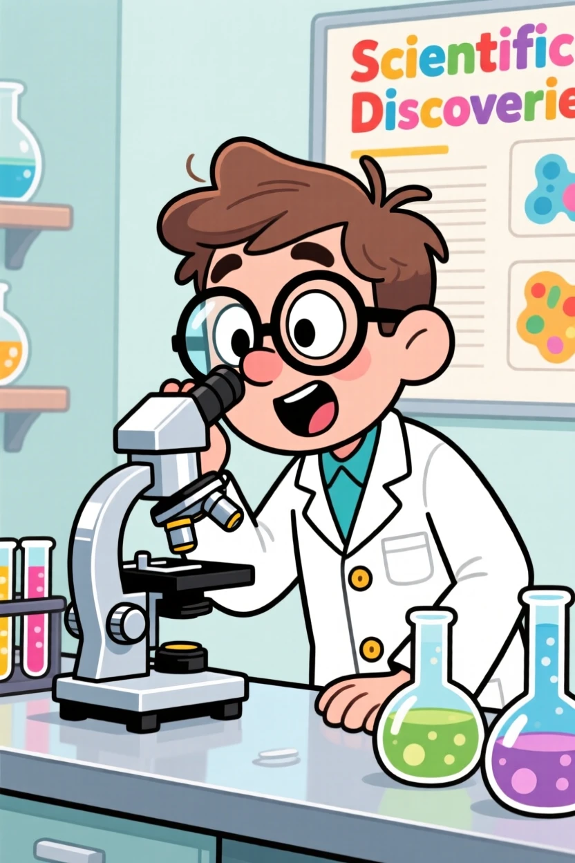 A scientist looking through a microscope with a look of discovery.