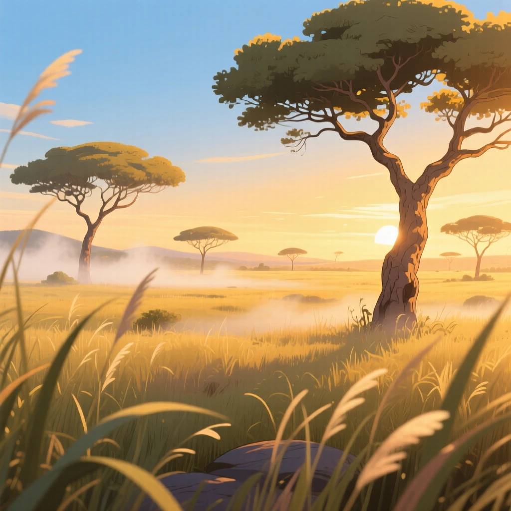 A breathtaking view of a savanna dotted with lone acacia trees, with wisps of morning mist clinging to the low ground, at golden hour, seen through a gentle foreground of grass.