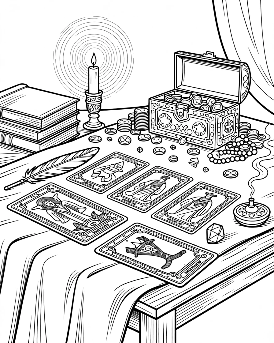 A tarot card spread laid out on a velvet cloth, with a treasure hoard glinting in the shadows.