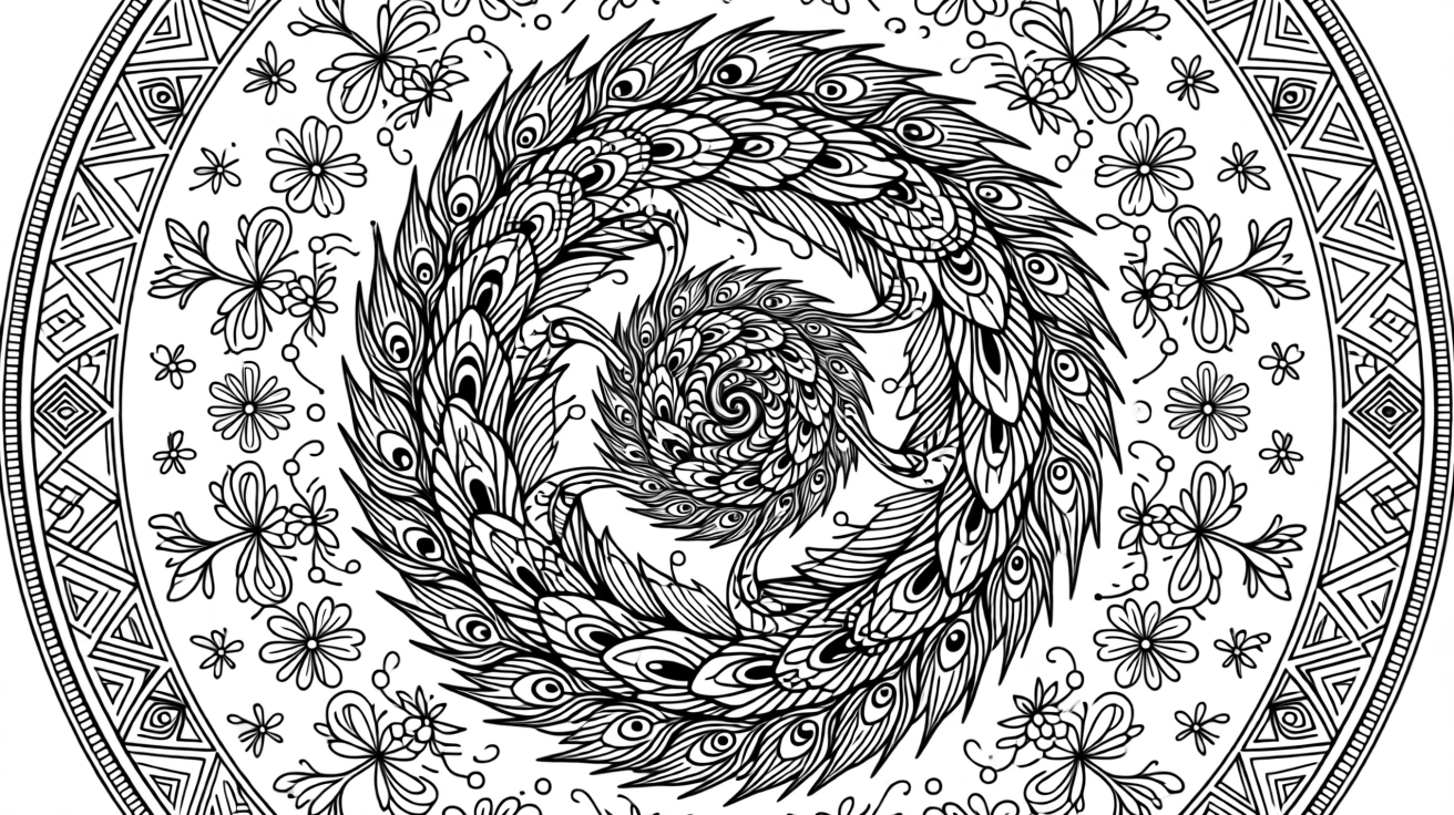 A mandala built from a spiral of interlocking peacocks tail to tail.