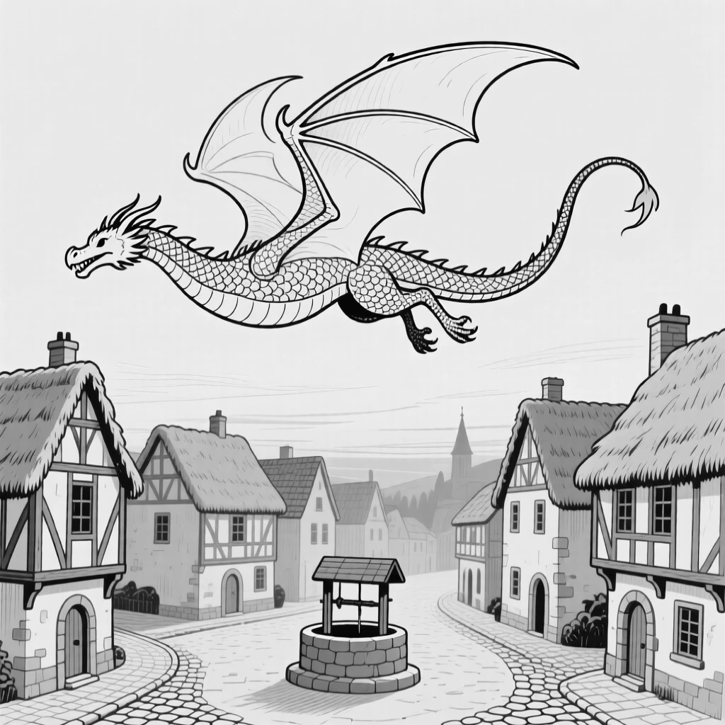 A dragon flying over a medieval village at dusk