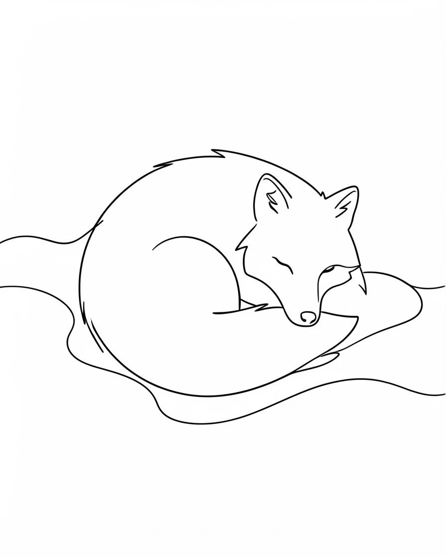 An arctic fox curled up in the snow, its fur blending into the frozen landscape
